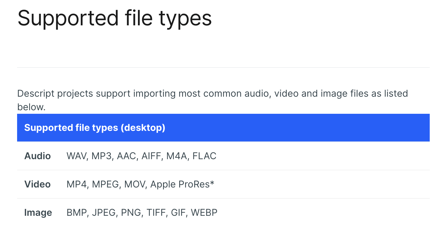 Image of file types that Descript supports‍