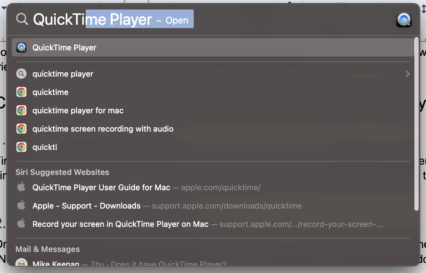 Finding QuickTime Player in Spotlight on Mac