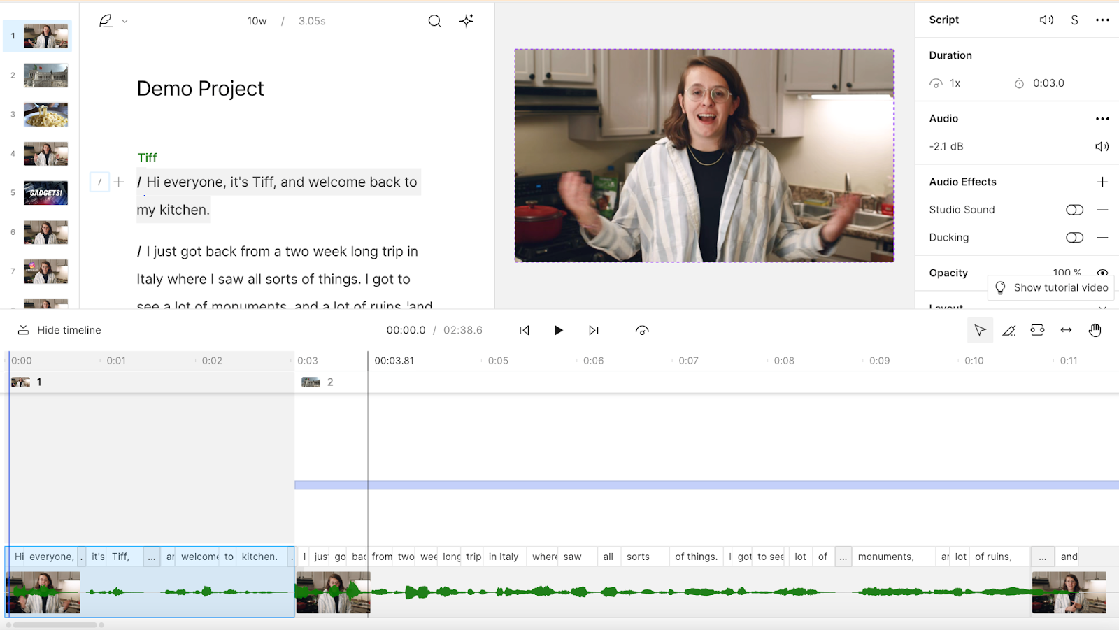 Image of Descript video and audio editing dashboard.