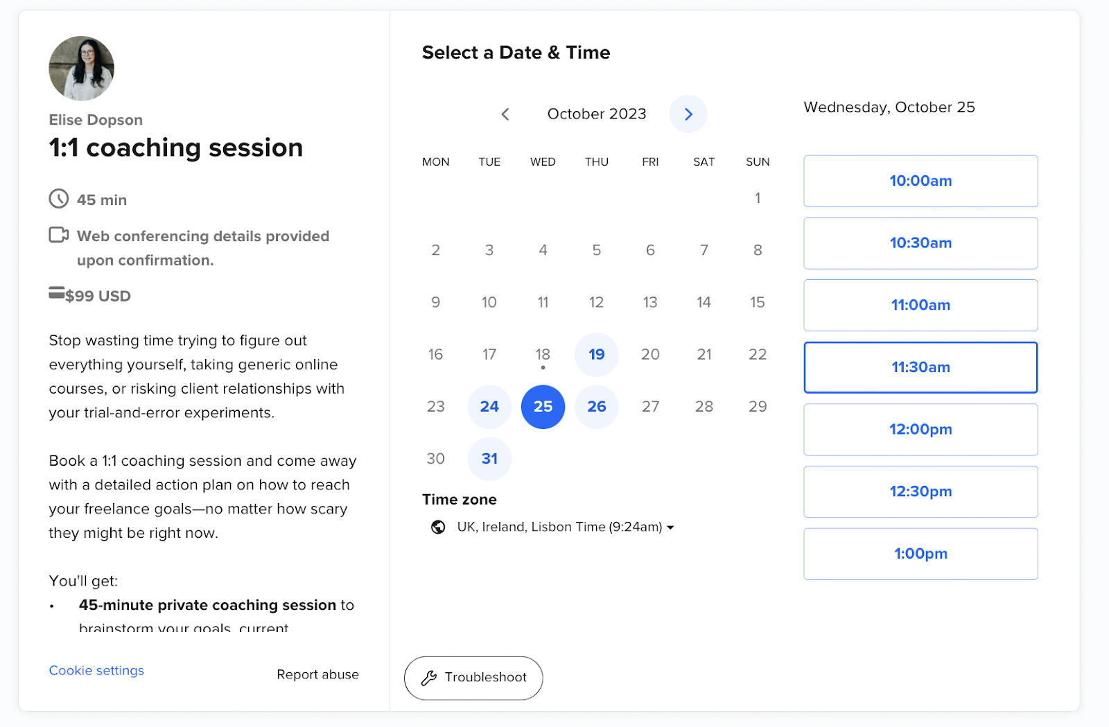 Image of a Calendly calendar for coaching sessions.