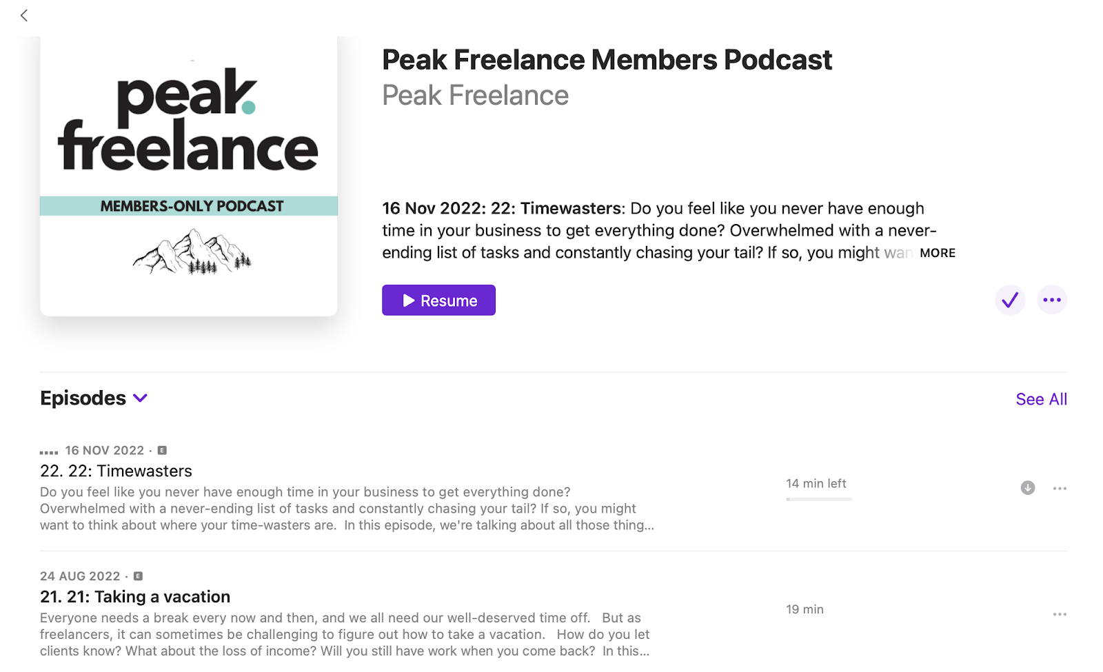 Image of Peak Freelance members podcast page