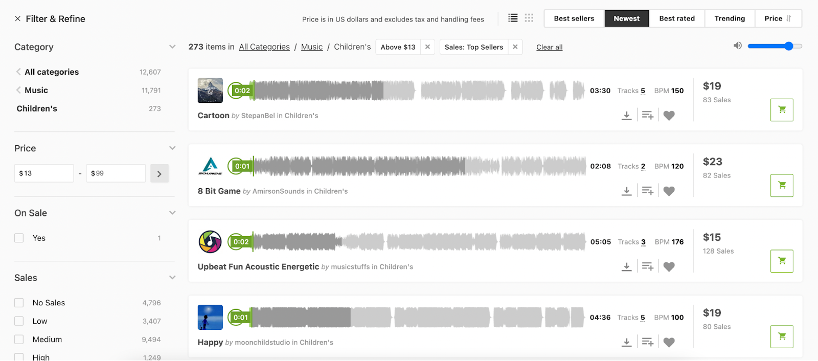 Image of Audiojungle dashboard with royalty free music options for sale