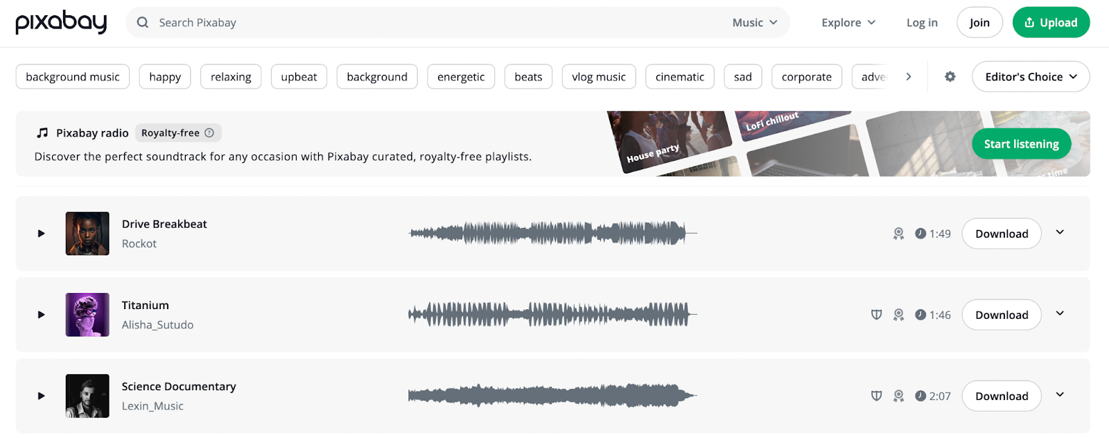 Screenshot of royalty free music list on Pixabay