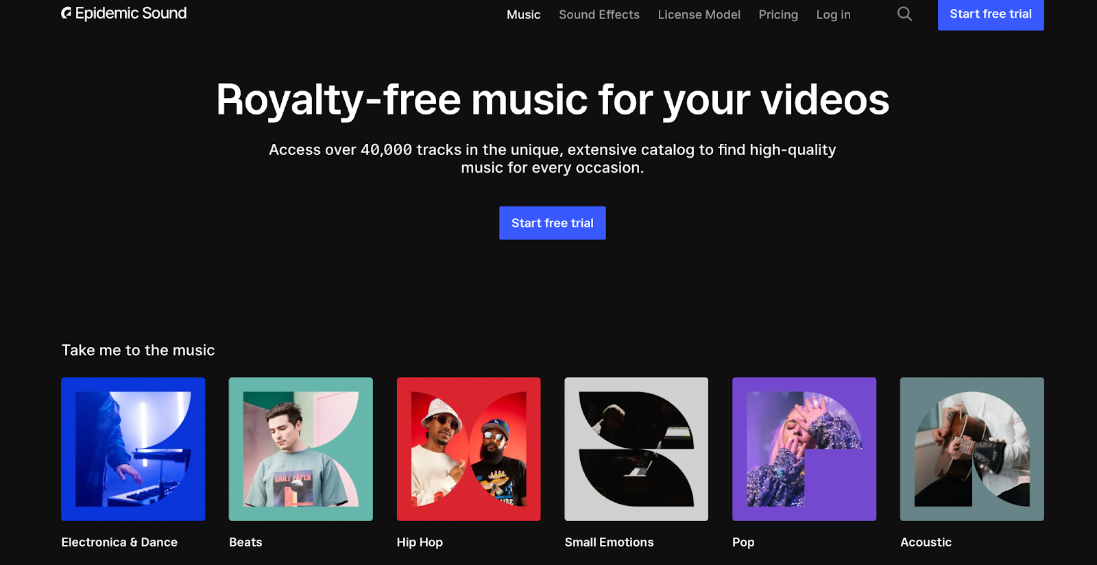 Image of epidemic sound’s landing page for royalty-free music