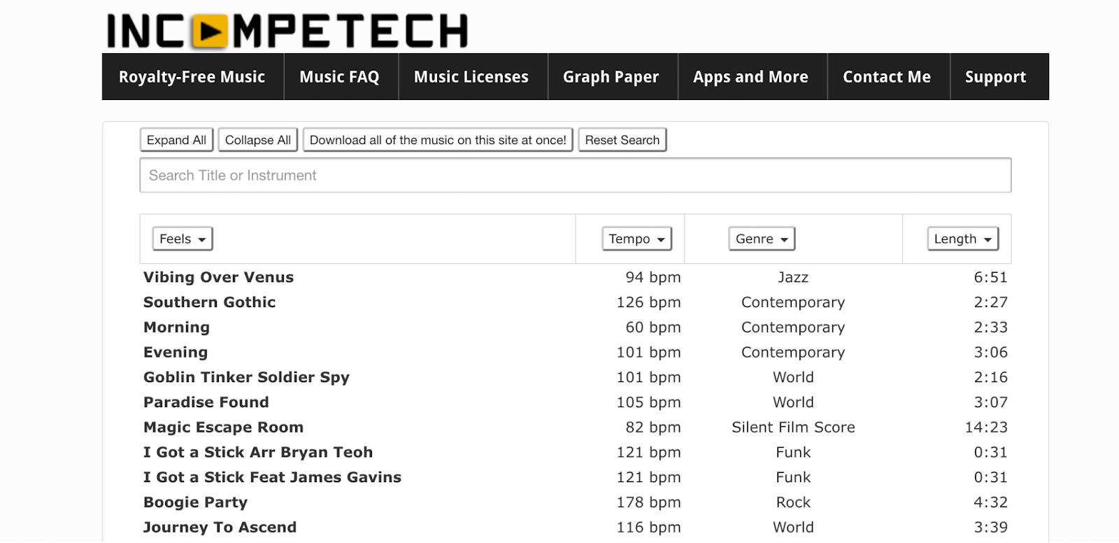 Image of the royalty free music available on Incompetech