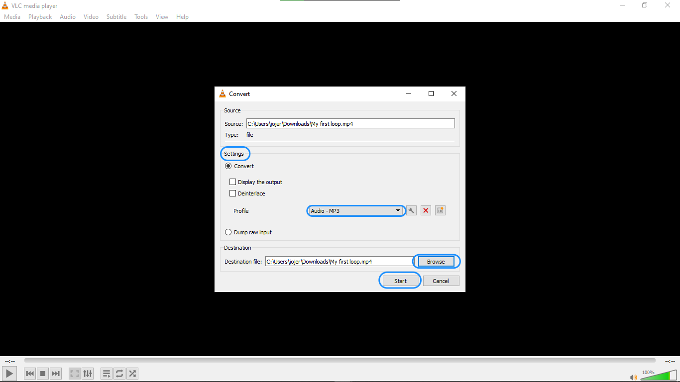 Saving your audio file in a VLC media player on Windows