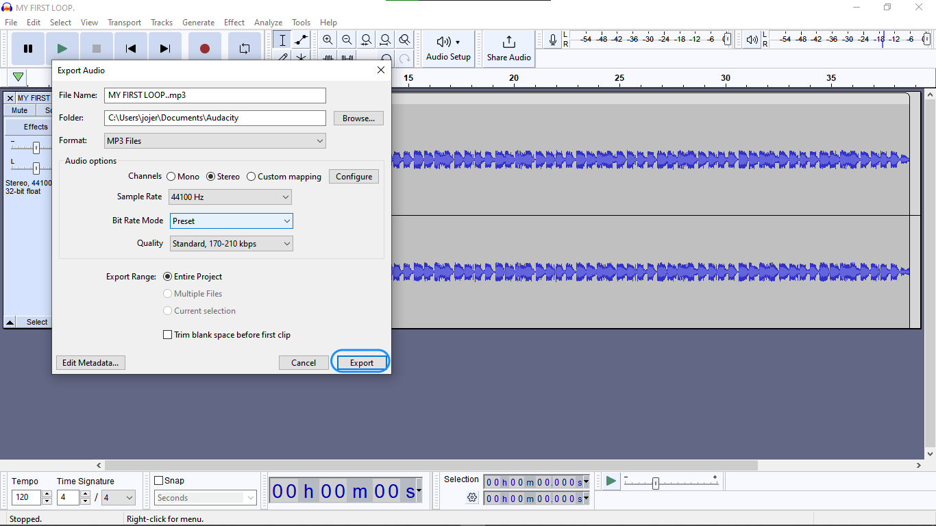 Converting an audio file in Audacity