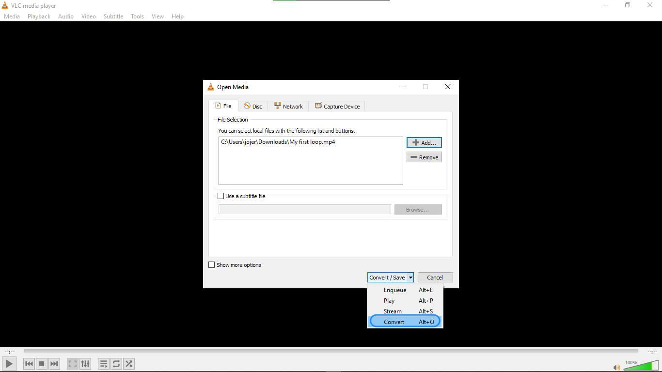 Starting the conversion process in a VLC media player