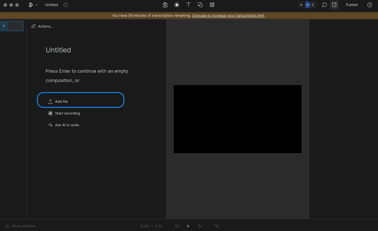 User showing another option for uploading video file to Descript