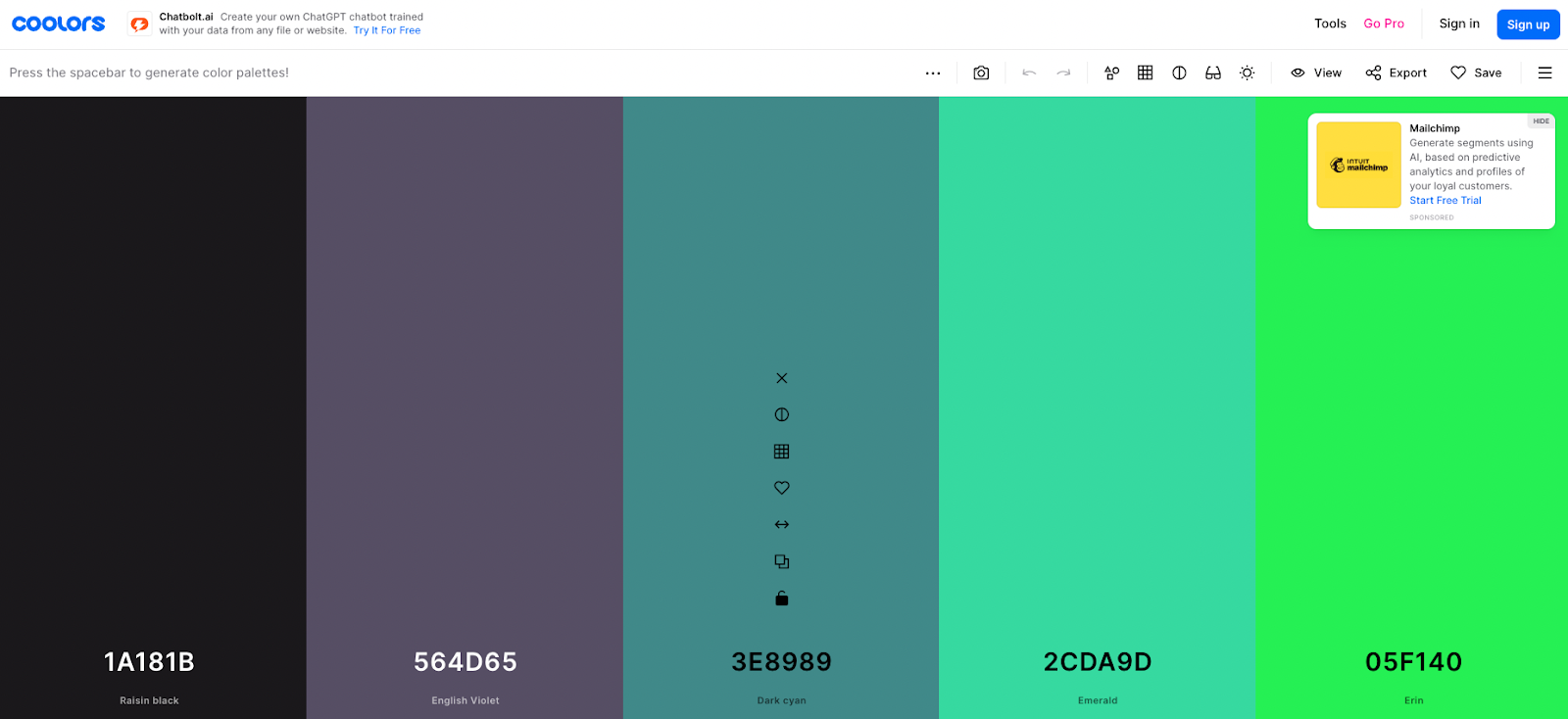 Image of Coolors showing a color palette ranging from black to light green