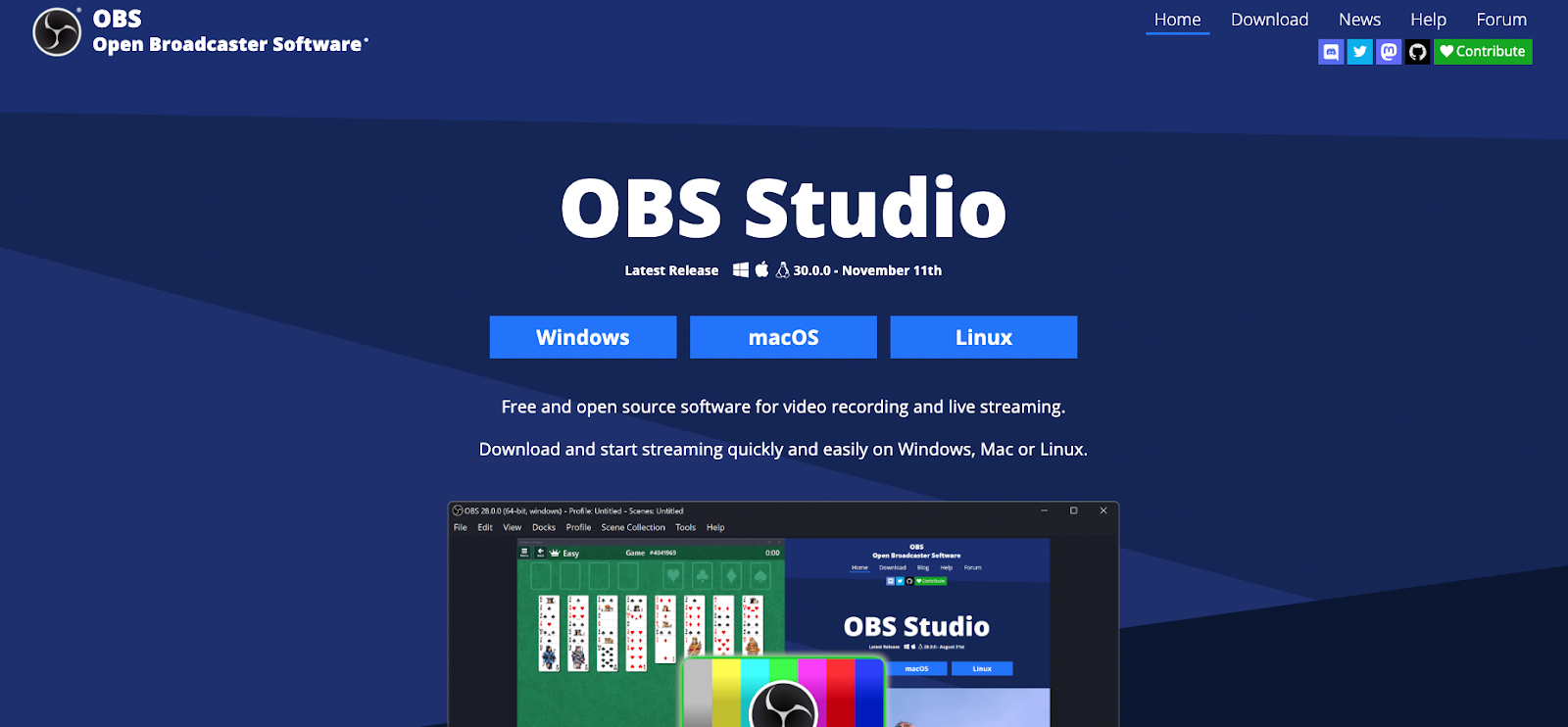 Image of OBS Studio landing page