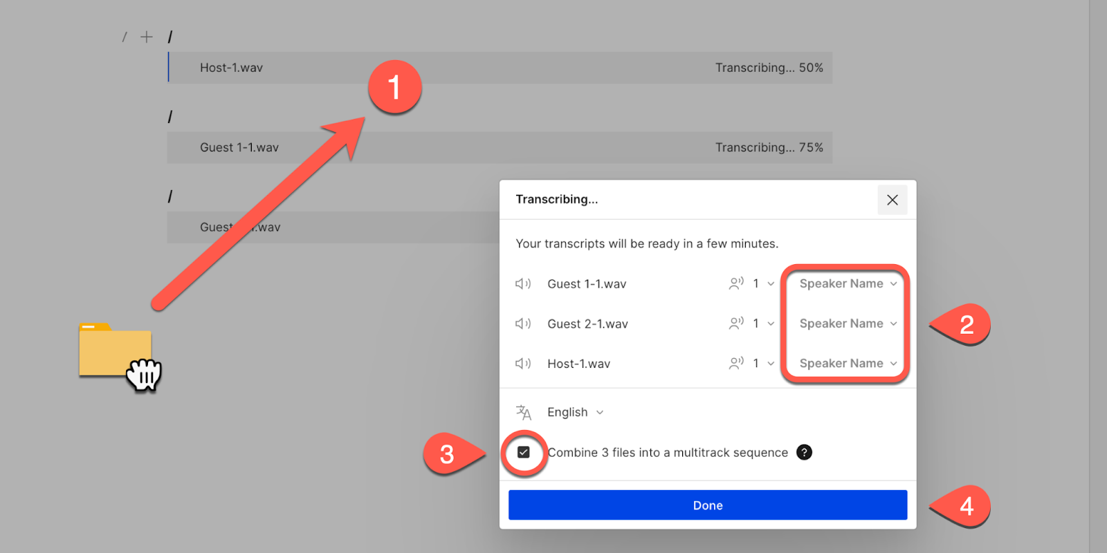 Annotated steps for creating a Sequence in Descript