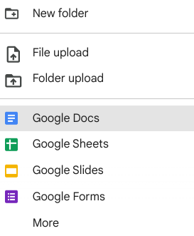 Selecting Google Docs from Google Drive menu