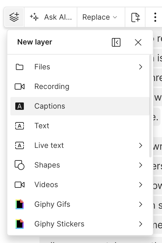 Choosing the Captions options in Descript’s toolbar