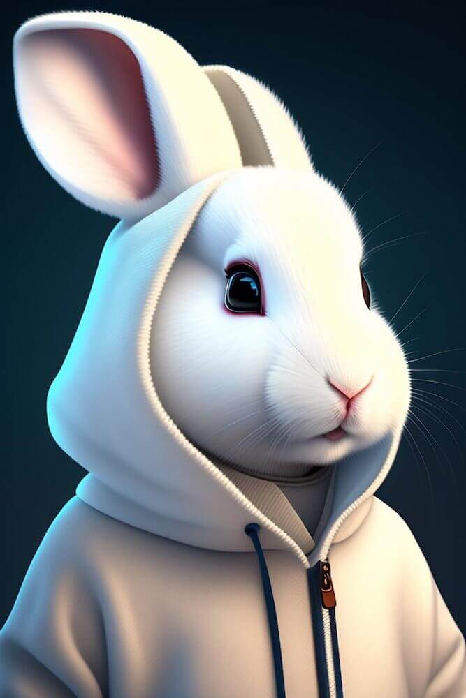 Stable Diffusion image generated from the prompt "A portrait of a cute white rabbit wearing a hood in the style of Pixar animations"