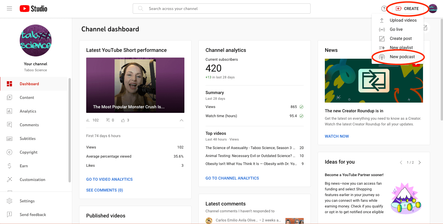 Screenshot of user adding a new podcast in YouTube Studio