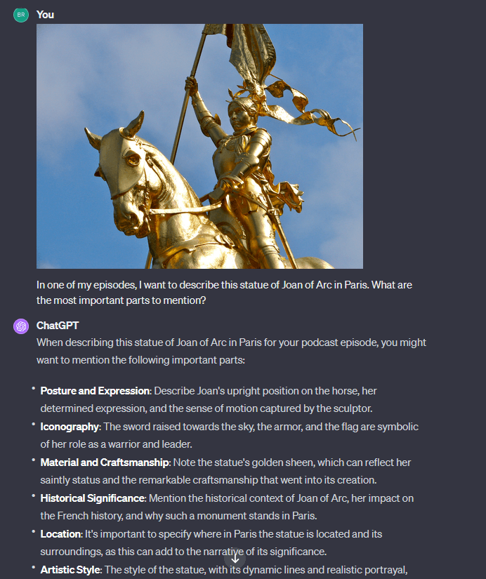 Screenshot of ChatGPT describing a golden statue of Joan of Arc