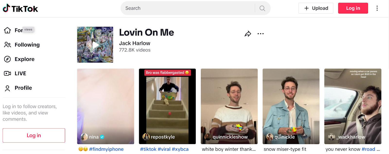 Image of page showing how many videos use Jack Harlow’s Lovin On Me