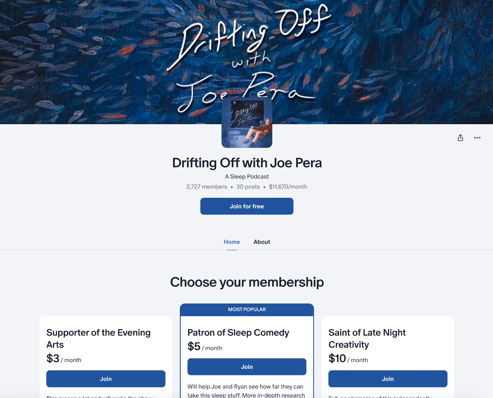 Patreon page for Drifting Off with Joe Pera